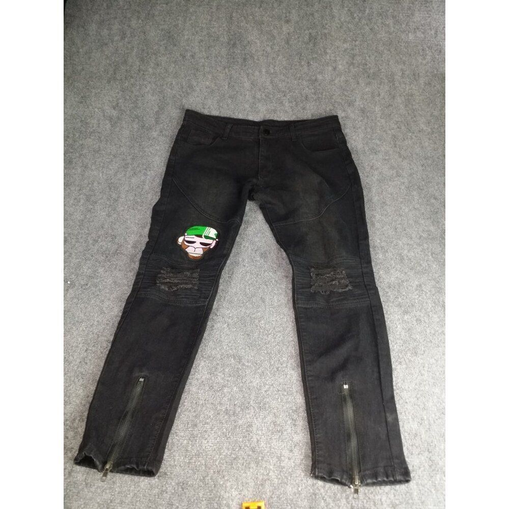 Bart Simpson Jeans Men Sz L‎ Black Straight Leg Embroidered Zippers Streetwear